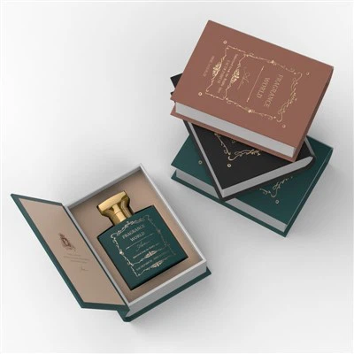 Custom rigid book perfume box with gold hot stamping